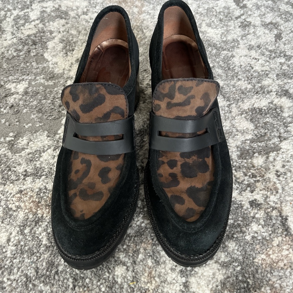 Black and brown suede loafers with leopard print